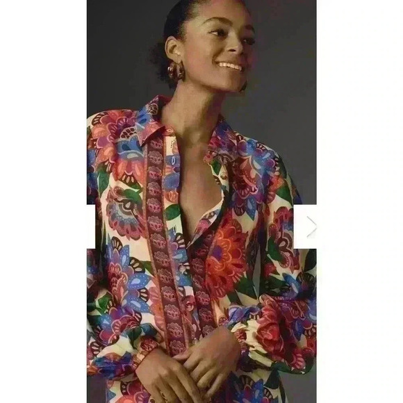 New Anthropologie by Farm Rio Long-Sleeve Button-Front Midi Dress XS NWT $228 - Picture 4 of 4